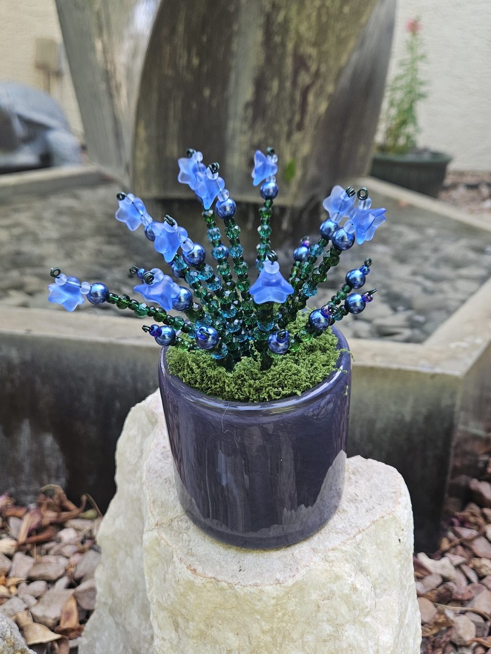 Handmade  Blue Bead Floral Accent in Dark Blue Planter